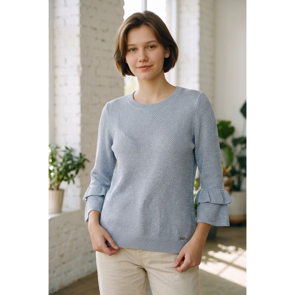 Michael Kors Sparkle Ruffle Sleeve Sweater - Light Gray/Silver -  MED